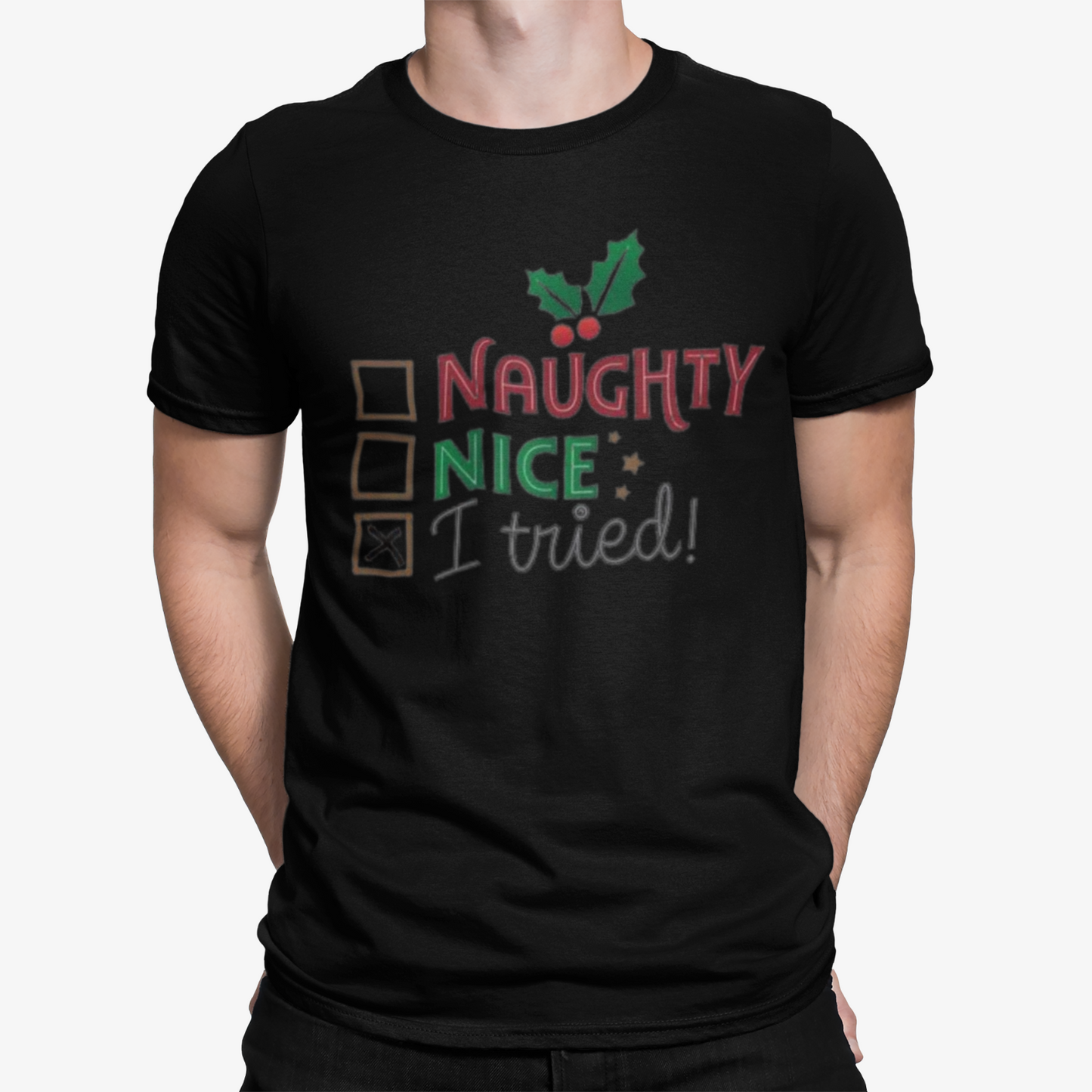 Naughty Nice I Tried T-Shirt - Xmas Christmas Movie Comedy Funny Retro Cool