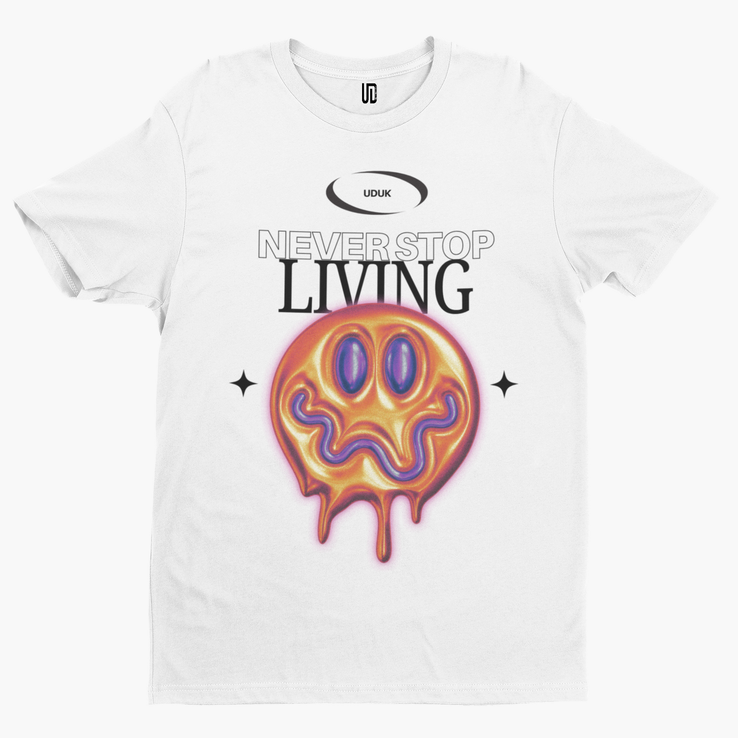 Never Stop Living T-Shirt - Retro Trippy Festival Rave Music Drugs Funny Pills