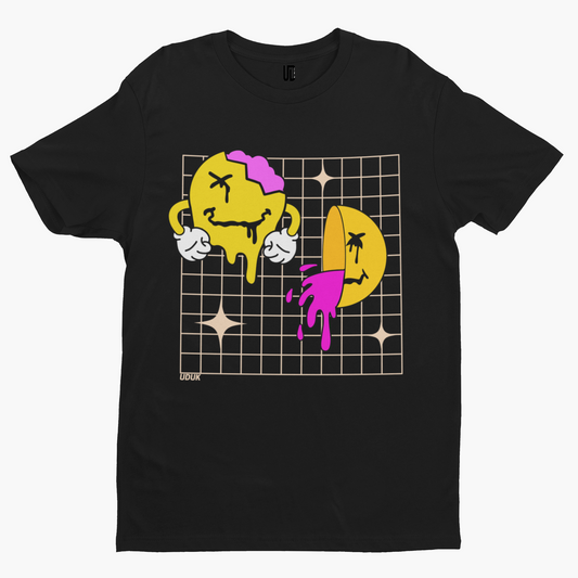 Smiley Grid T-Shirt - Retro Trippy Festival Rave Music Drugs Funny Pills