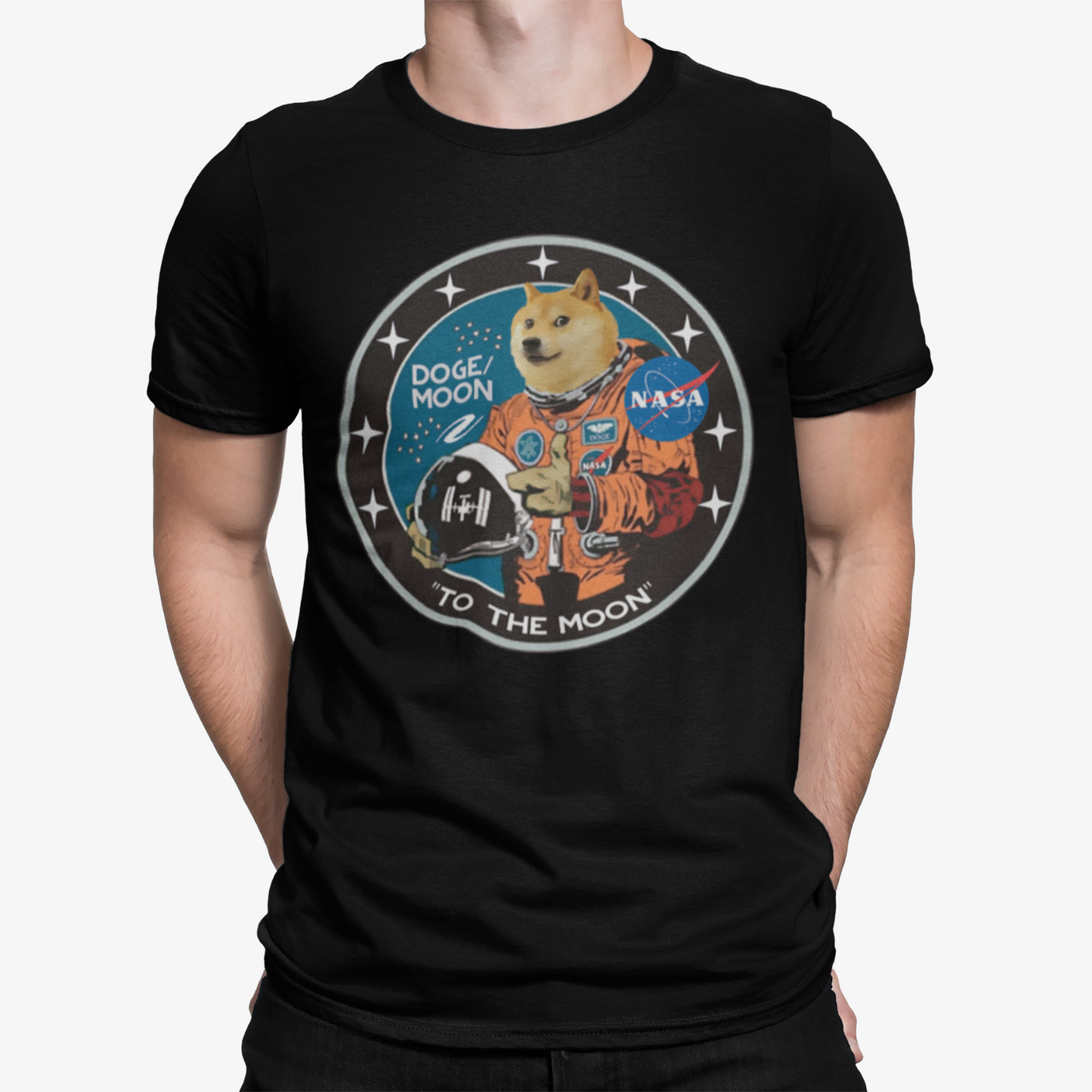 Dogecoin Logo T-Shirt- Unique Funny Space Rocket Spaceship Moon Stars Alien