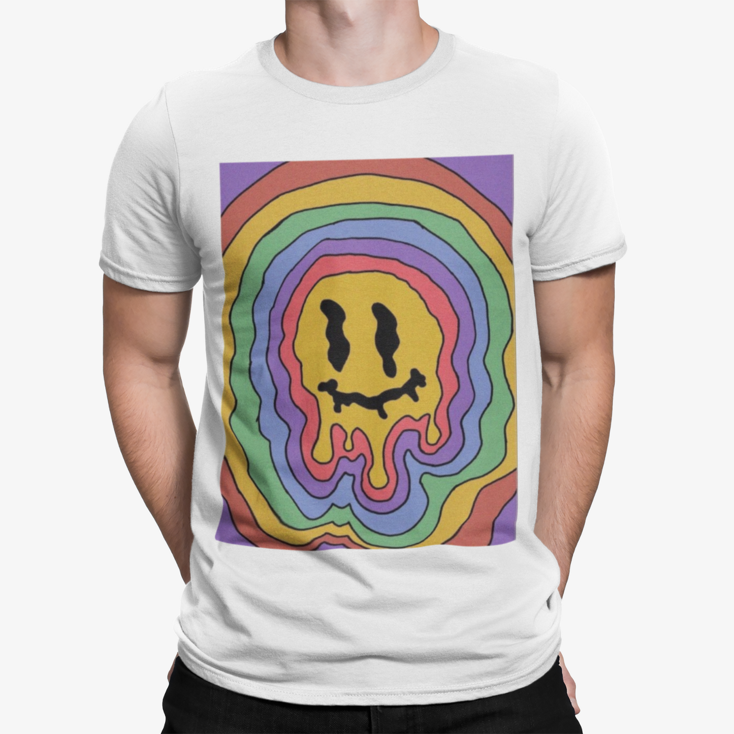 Trippy Smiley Rainbow T-Shirt - Retro Trippy Festival Rave Music Drugs Funny