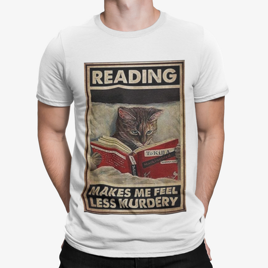 Funny Reading Makes Me Feel Less Murdery T-Shirt - Cat Comedy Wife Crime Retro