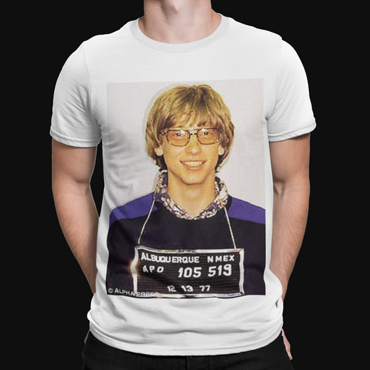 Bill Gates Mugshot T-Shirt - Retro - Funny - Cool - Rare - Celebrity - Microsoft