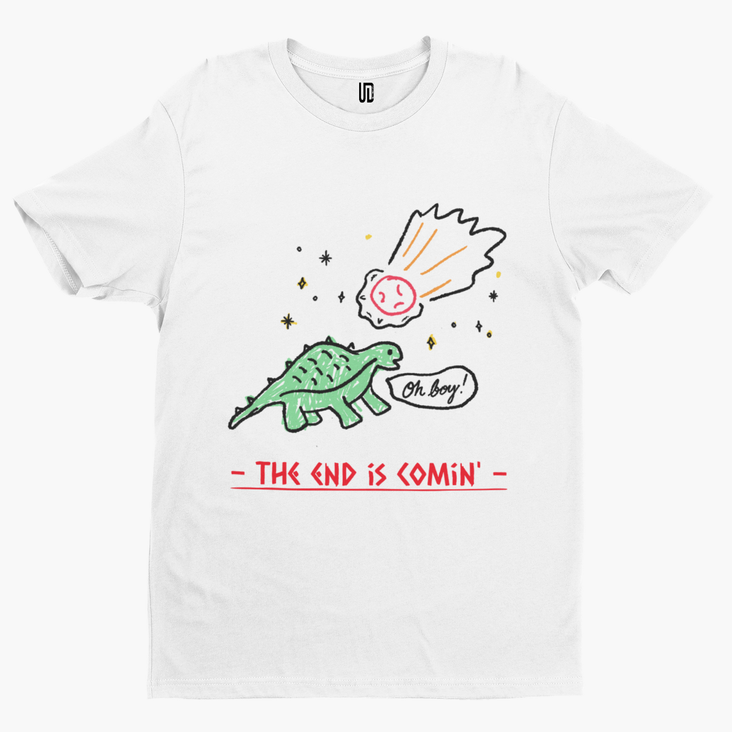 End Is Coming Dinosaur T-Shirt -Comedy Funny Gift Film Movie TV Novelty Doodle