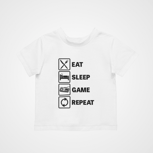Eat Sleep Game Repeat T-Shirt - Cool Retro Casual Hipster Kids Children Funny
