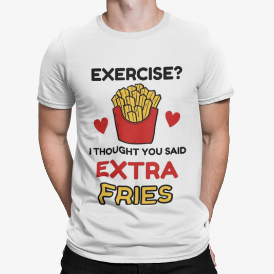 Extra Fries Exercise T-Shirt -Funny Gym Sport Weights Arnie Retro Men Training