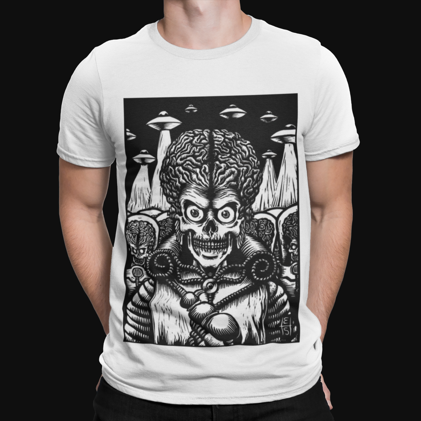 Mars Attacks BW T-Shirt - Movie 90s Aliens Head Ack Ack Tee Retro Future Space