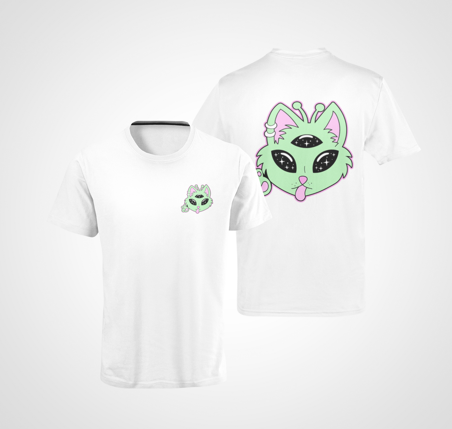 Three Eye Cat Pocket T-Shirt -High Funny Film TV Stoner Trippy Star Alien Movie Back Print