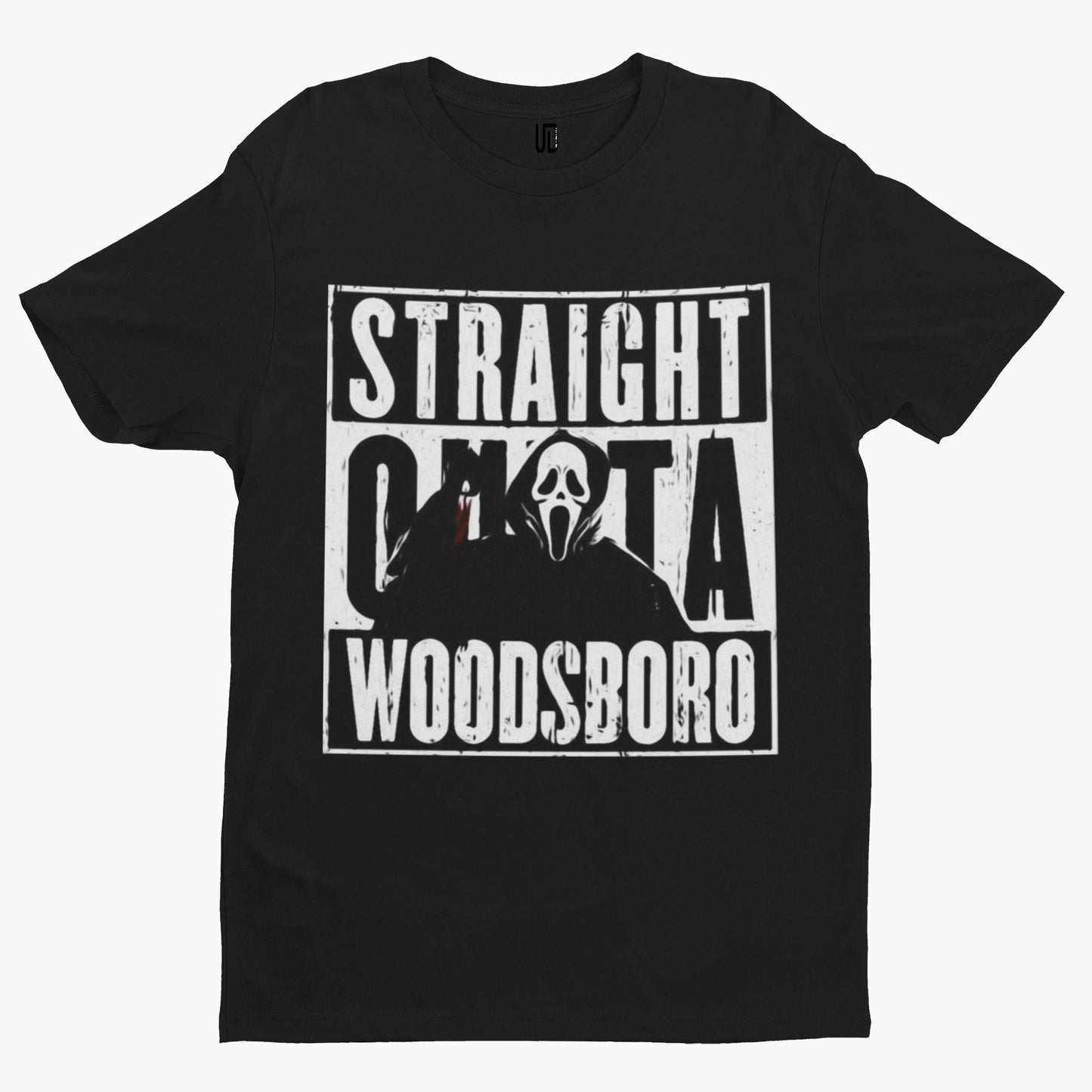 Straight Outta Woodsboro T-Shirt - Halloween Comedy Funny Gift Film Movie TV Horror Adult Scream