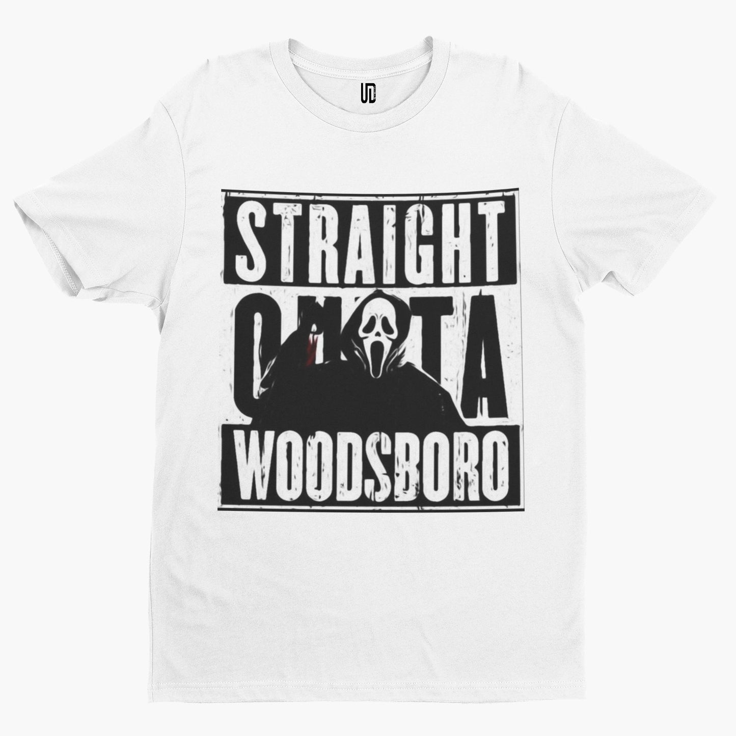 Straight Outta Woodsboro T-Shirt - Halloween Comedy Funny Gift Film Movie TV Horror Adult Scream